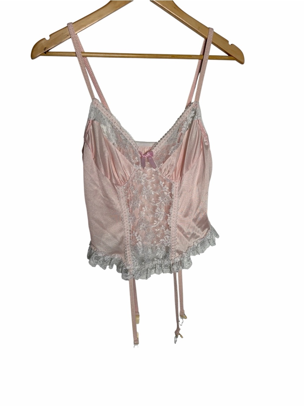 Vintage 90s nylon pink satin & lace lingerie teddy with garter straps size L